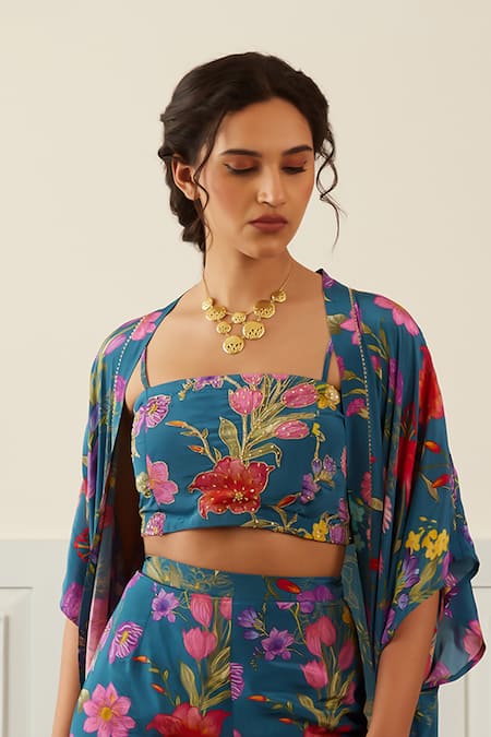 Buy House Of Pink Blue Crepe Embroidery Square Neck Floral Print Cape Sharara Set Online at Aza Fashions Buy_House Of Pink_Blue Crepe Embroidery Square Neck Floral Print Cape Sharara Set _Online_at_Aza_Fashions