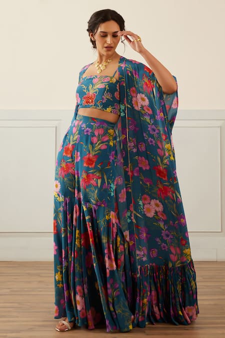 Shop House Of Pink Blue Crepe Embroidery Square Neck Floral Print Cape Sharara Set Online at Aza Fashions Shop_House Of Pink_Blue Crepe Embroidery Square Neck Floral Print Cape Sharara Set _Online_at_Aza_Fashions
