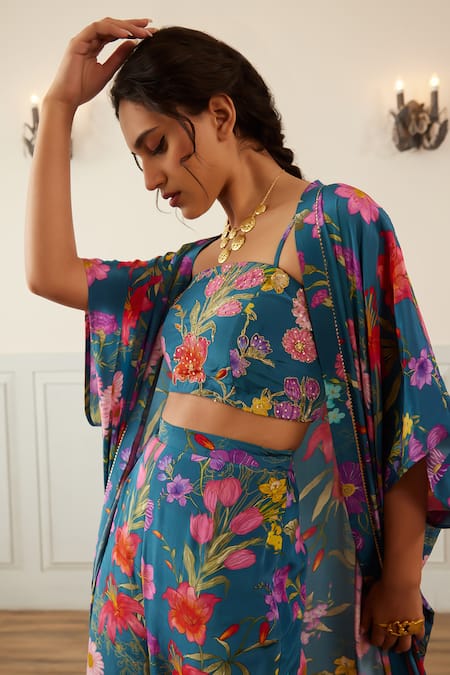 House Of Pink Blue Crepe Embroidery Square Neck Floral Print Cape Sharara Set at Aza Fashions House Of Pink_Blue Crepe Embroidery Square Neck Floral Print Cape Sharara Set _at_Aza_Fashions
