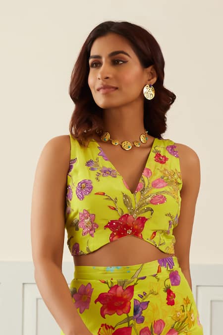 Buy House Of Pink Green Crepe Embroidery V-neck Floret Print Cape Sharara Set Online at Aza Fashions Buy_House Of Pink_Green Crepe Embroidery V-neck Floret Print Cape Sharara Set _Online_at_Aza_Fashions