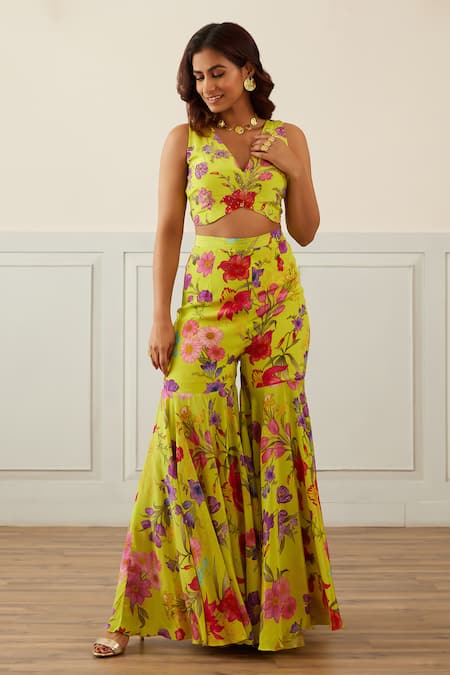 Shop House Of Pink Green Crepe Embroidery V-neck Floret Print Cape Sharara Set Online at Aza Fashions Shop_House Of Pink_Green Crepe Embroidery V-neck Floret Print Cape Sharara Set _Online_at_Aza_Fashions