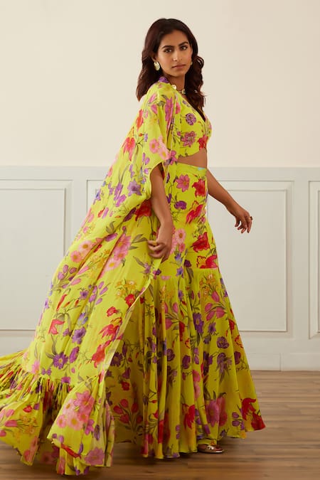 Buy House Of Pink Green Crepe Embroidery V-neck Floret Print Cape Sharara Set Buy_House Of Pink_Green Crepe Embroidery V-neck Floret Print Cape Sharara Set