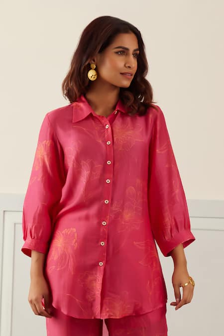 House Of Pink_Pink Cotton Satin, Cotton, Silk Collared Floral Print Shirt And Pant Co-ord Set _Online_at_Aza_Fashions