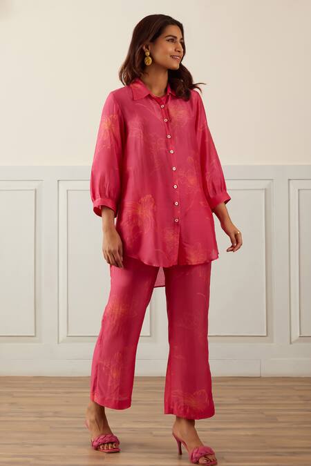 Shop_House Of Pink_Pink Cotton Satin, Cotton, Silk Collared Floral Print Shirt And Pant Co-ord Set _Online_at_Aza_Fashions