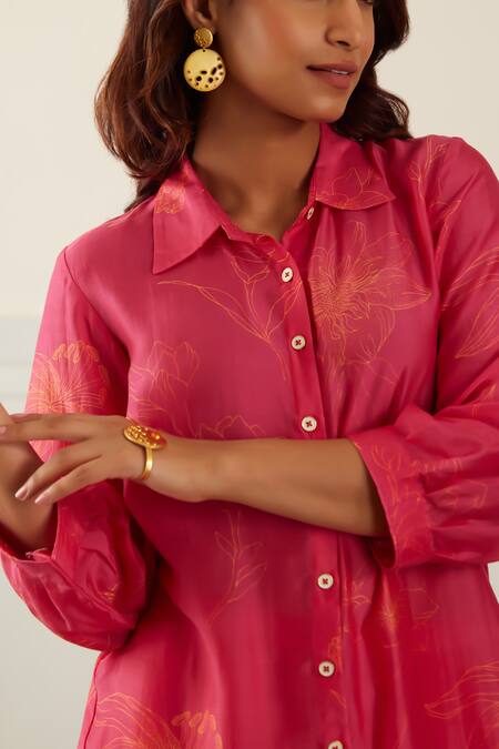 House Of Pink_Pink Cotton Satin, Cotton, Silk Collared Floral Print Shirt And Pant Co-ord Set _at_Aza_Fashions
