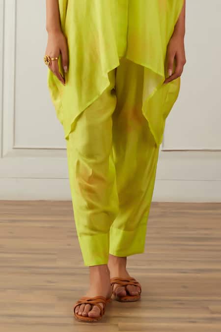 House Of Pink_Green Cotton, Silk Embroidery Floral Print Kaftan Shirt And Pant Co-ord Set _Online_at_Aza_Fashions