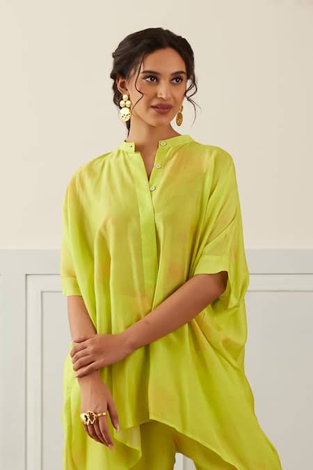 Shop_House Of Pink_Green Cotton, Silk Embroidery Floral Print Kaftan Shirt And Pant Co-ord Set _Online_at_Aza_Fashions