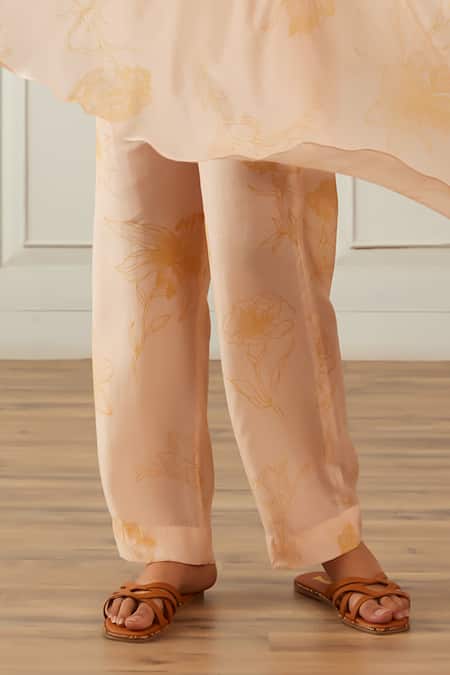 Buy_House Of Pink_Peach Cotton, Silk One Shoulder Floral Print Top And Pant Set _Online_at_Aza_Fashions