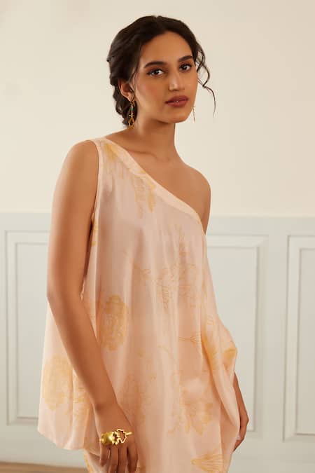 House Of Pink_Peach Cotton, Silk One Shoulder Floral Print Top And Pant Set _at_Aza_Fashions
