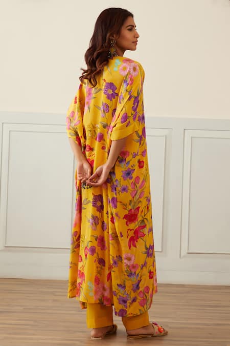 House Of Pink_Yellow Organza, Cotton, Silk, Chanderi Beads Floral Print Kaftan And Pant Set _Online_at_Aza_Fashions