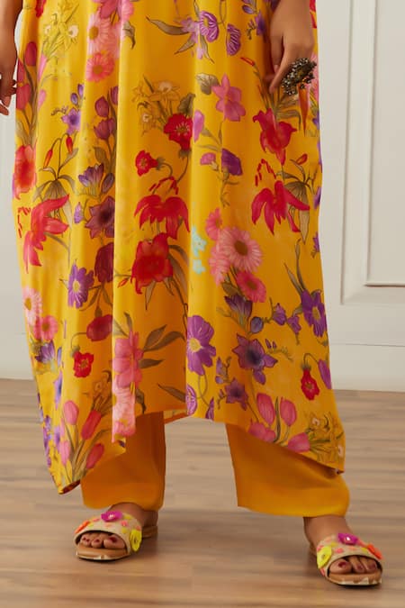 Buy_House Of Pink_Yellow Organza, Cotton, Silk, Chanderi Beads Floral Print Kaftan And Pant Set _Online_at_Aza_Fashions