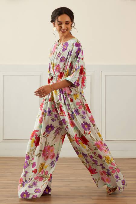 Shop House Of Pink Blue Crepe Round Neck Floral Print Jumpsuit Online at Aza Fashions Shop_House Of Pink_Blue Crepe Round Neck Floral Print Jumpsuit _Online_at_Aza_Fashions