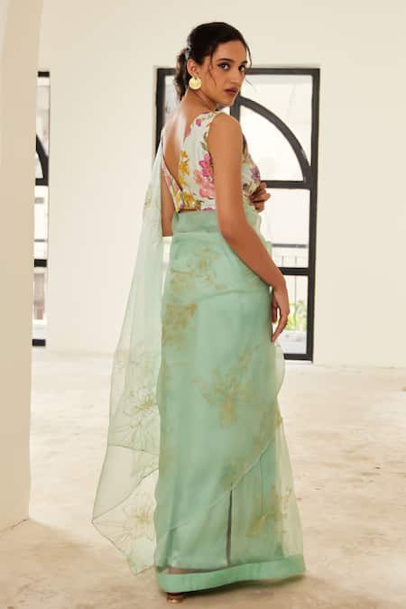 House Of Pink Floral Hand Embroidered Saree With Silk Blouse 