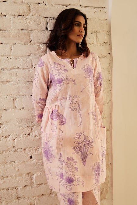 House Of Pink Linen Floral Print Tunic With Pant 