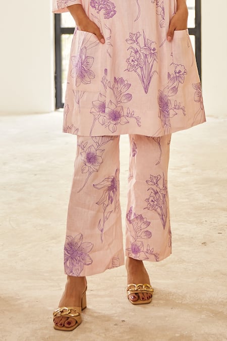 House Of Pink_Pink Linen Round Neck Floral Print Tunic With Pant _Online_at_Aza_Fashions