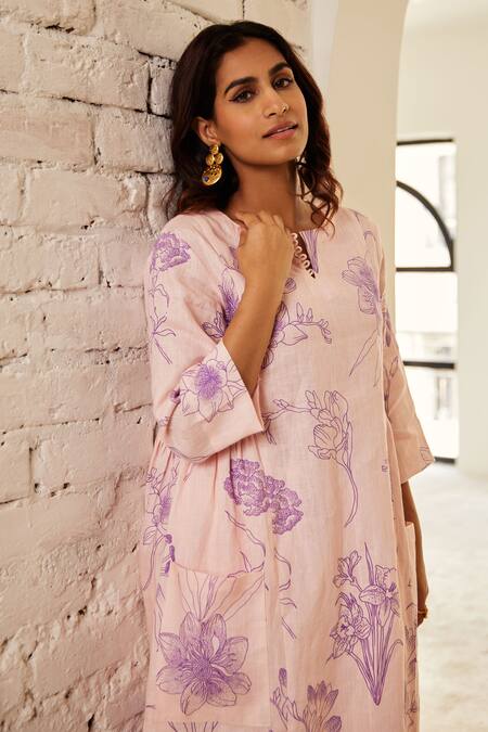 Buy_House Of Pink_Pink Linen Round Neck Floral Print Tunic With Pant _Online_at_Aza_Fashions