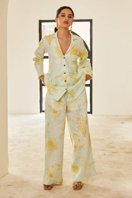 Shop_House Of Pink_Off White Linen Embroidery Collared Flower Print Shirt With Trouser _Online_at_Aza_Fashions