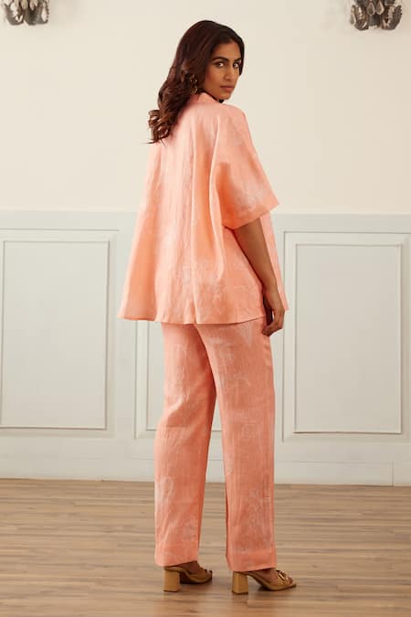 House Of Pink Linen Asymmetric Floral Print Shirt With Trouser 