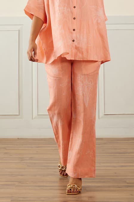 House Of Pink_Peach Linen Embroidery Collared Asymmetric Floral Print Shirt With Trouser _Online_at_Aza_Fashions