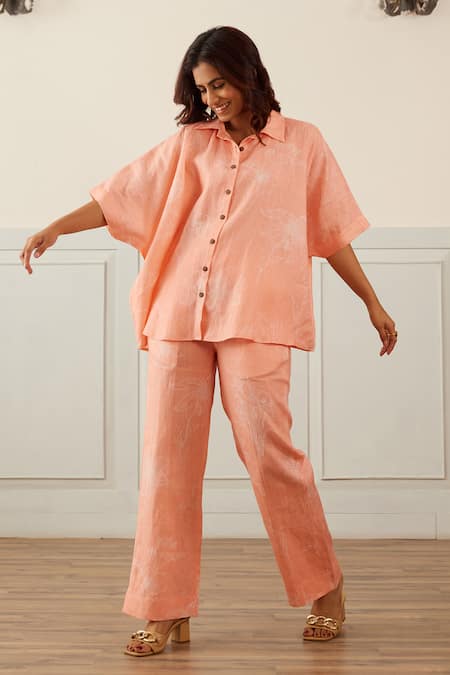 Buy_House Of Pink_Peach Linen Embroidery Collared Asymmetric Floral Print Shirt With Trouser _Online_at_Aza_Fashions