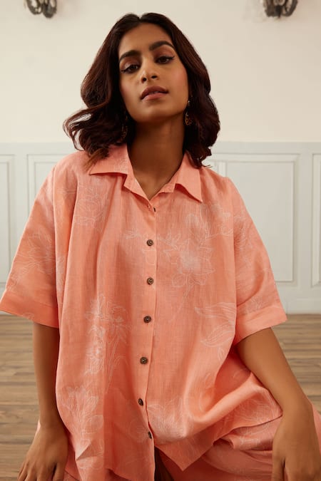 Shop_House Of Pink_Peach Linen Embroidery Collared Asymmetric Floral Print Shirt With Trouser _Online_at_Aza_Fashions