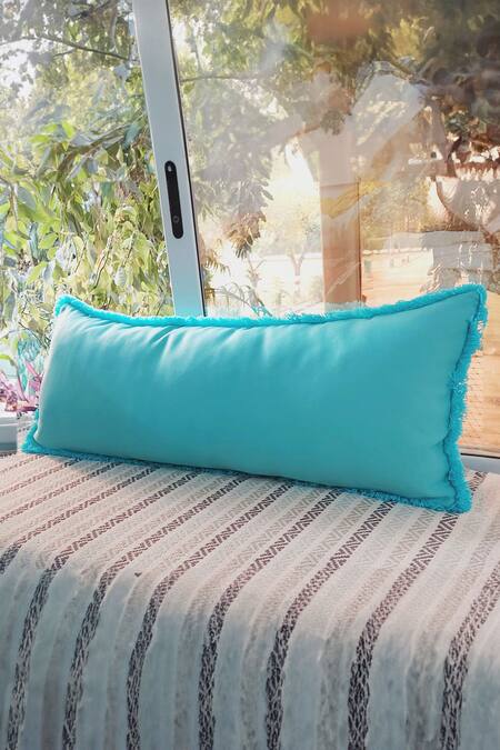Buy Throwpillow Blue Cotton Fringe Cushion Cover at Aza Fashions Buy_Throwpillow_Blue Cotton Fringe Cushion Cover_at_Aza_Fashions