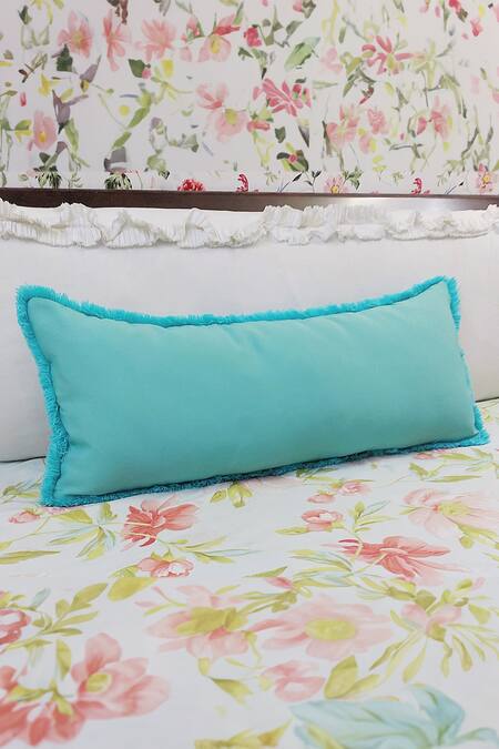 Shop Throwpillow Blue Cotton Fringe Cushion Cover at Aza Fashions Shop_Throwpillow_Blue Cotton Fringe Cushion Cover_at_Aza_Fashions