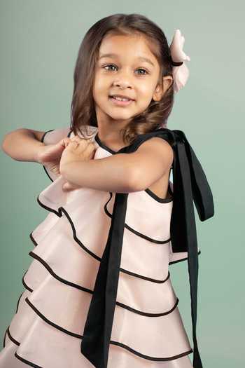 BA BA Baby Clothing CO_Pink Imported Organza Bow Tie Delicate Lilies Layered Dress With Hair Clip_Online_at_Aza_Fashions