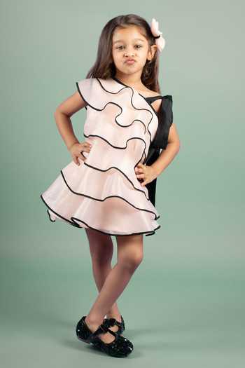Shop_BA BA Baby Clothing CO_Pink Imported Organza Bow Tie Delicate Lilies Layered Dress With Hair Clip_Online_at_Aza_Fashions