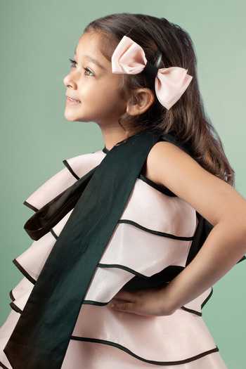 BA BA Baby Clothing CO_Pink Imported Organza Bow Tie Delicate Lilies Layered Dress With Hair Clip_at_Aza_Fashions