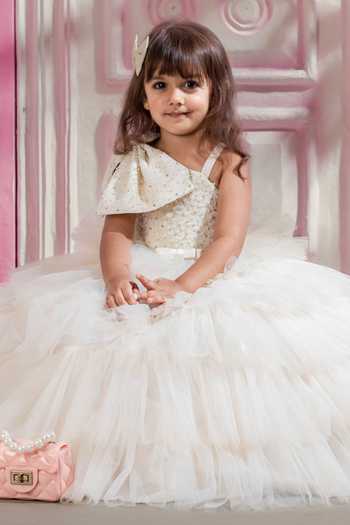 BA BA Baby Clothing CO_White Dutch Satin Embellished Pearls Dreamy Daisy Gown With Hair Accessory_Online_at_Aza_Fashions