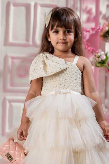 Buy_BA BA Baby Clothing CO_White Dutch Satin Embellished Pearls Dreamy Daisy Gown With Hair Accessory_Online_at_Aza_Fashions