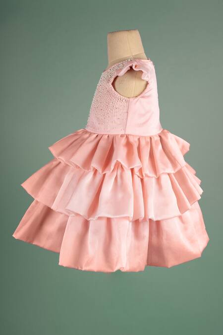 BA BA Baby Clothing CO_Pink Satin Art Organza Embellished Budding Tulip Dress With Bow Hair Clip_Online_at_Aza_Fashions
