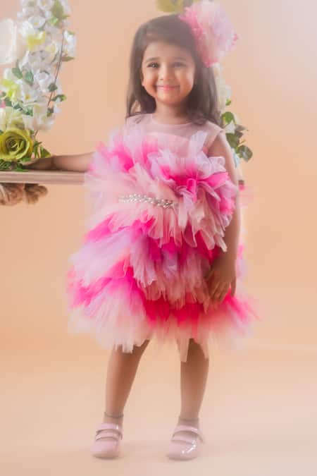 Toplove Pink Net, Taffeta Pearls Ombre Tulle Dress With Hair Accessory 