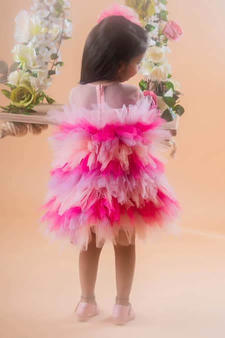 Shop Toplove Pink Net, Taffeta Pearls Ombre Tulle Dress With Hair Accessory at Aza Fashions Shop_Toplove_Pink Net, Taffeta Pearls Ombre Tulle Dress With Hair Accessory _at_Aza_Fashions