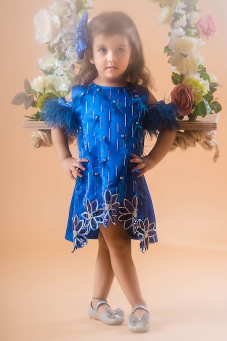 Toplove Blue Satin, Kota Doria Beads, A-line Florence Dress With Hair Accessory 