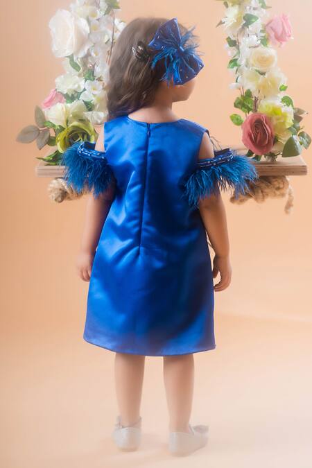 Shop Toplove Blue Satin, Kota Doria Beads, A-line Florence Dress With Hair Accessory at Aza Fashions Shop_Toplove_Blue Satin, Kota Doria Beads, A-line Florence Dress With Hair Accessory _at_Aza_Fashions