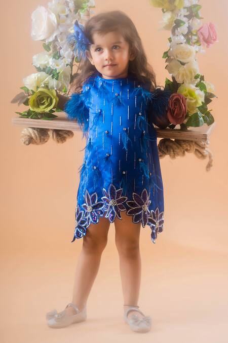 Toplove Blue Satin, Kota Doria Beads, A-line Florence Dress With Hair Accessory Online at Aza Fashions Toplove_Blue Satin, Kota Doria Beads, A-line Florence Dress With Hair Accessory _Online_at_Aza_Fashions