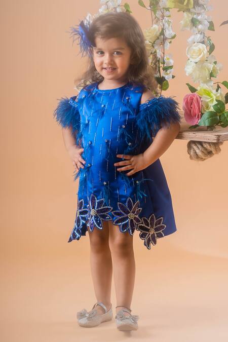 Buy Toplove Blue Satin, Kota Doria Beads, A-line Florence Dress With Hair Accessory Online at Aza Fashions Buy_Toplove_Blue Satin, Kota Doria Beads, A-line Florence Dress With Hair Accessory _Online_at_Aza_Fashions