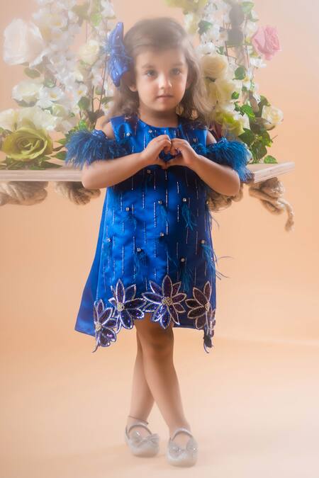 Shop Toplove Blue Satin, Kota Doria Beads, A-line Florence Dress With Hair Accessory Online at Aza Fashions Shop_Toplove_Blue Satin, Kota Doria Beads, A-line Florence Dress With Hair Accessory _Online_at_Aza_Fashions