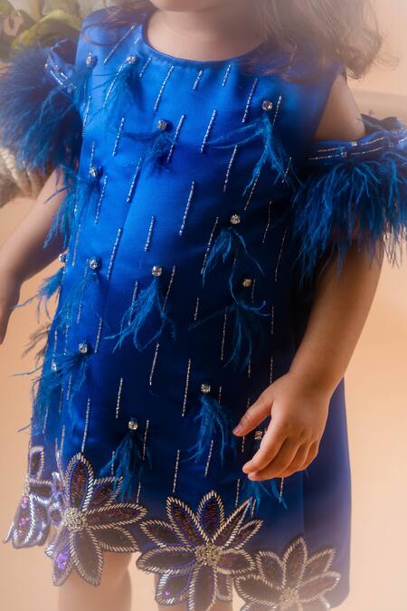 Toplove Blue Satin, Kota Doria Beads, A-line Florence Dress With Hair Accessory at Aza Fashions Toplove_Blue Satin, Kota Doria Beads, A-line Florence Dress With Hair Accessory _at_Aza_Fashions