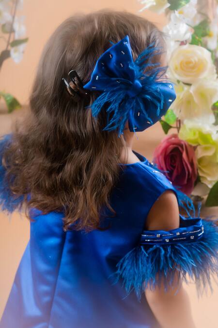 Buy Toplove Blue Satin, Kota Doria Beads, A-line Florence Dress With Hair Accessory Buy_Toplove_Blue Satin, Kota Doria Beads, A-line Florence Dress With Hair Accessory