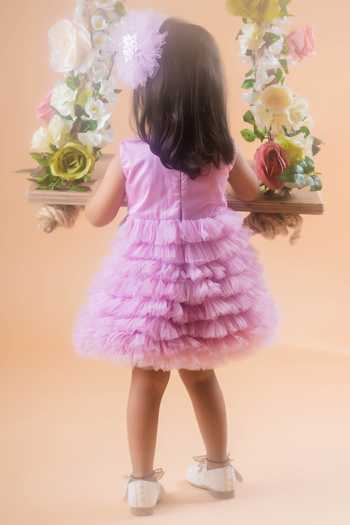 Shop Toplove Purple Net, Taffeta Pearls Floral Embellished Tulle Dress With Hair Accessory at Aza Fashions Shop_Toplove_Purple Net, Taffeta Pearls Floral Embellished Tulle Dress With Hair Accessory _at_Aza_Fashions