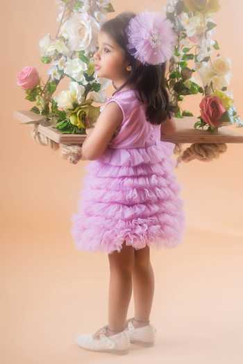 Buy Toplove Purple Net, Taffeta Pearls Floral Embellished Tulle Dress With Hair Accessory Buy_Toplove_Purple Net, Taffeta Pearls Floral Embellished Tulle Dress With Hair Accessory
