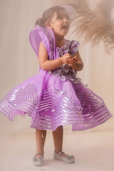 Toplove - Purple Organza Embellished 3d Leaves Leaf Dress With Hair  Accessory For Girls