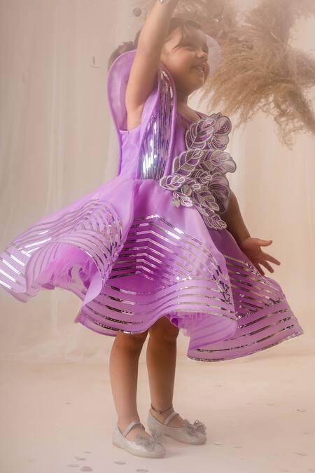 Buy_Toplove_Purple Organza, Kota Doria, 3d Leaf Embellished Dress With Hair Accessory 