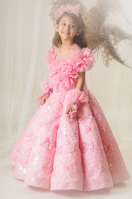 Buy_Toplove_Pink Organza, Net, Kota Doria Sequins, Butterfly Bliss Gown With Hair Band _Online_at_Aza_Fashions