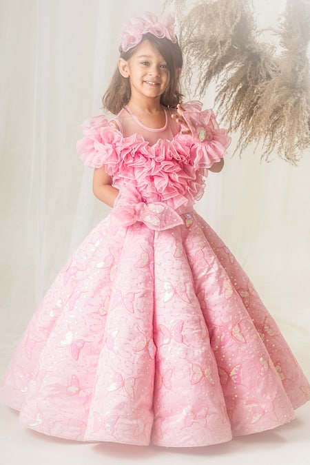 Shop_Toplove_Pink Organza, Net, Kota Doria Sequins, Butterfly Bliss Gown With Hair Band _Online_at_Aza_Fashions