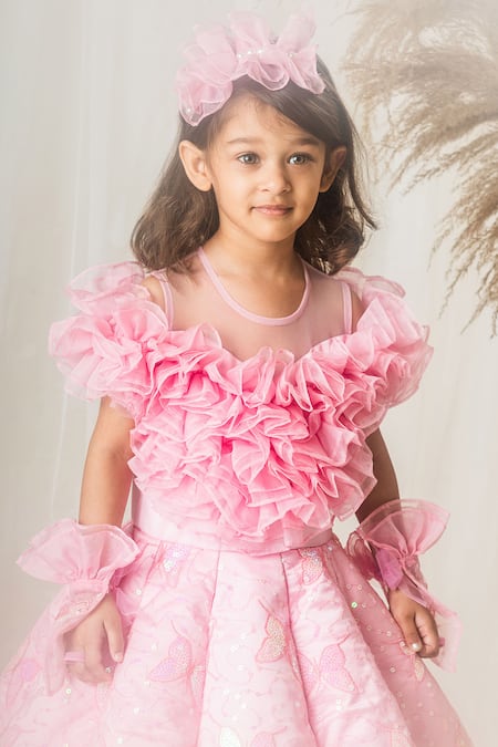 Buy_Toplove_Pink Organza, Net, Kota Doria Sequins, Butterfly Bliss Gown With Hair Band 