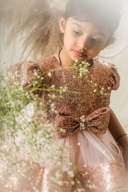 Toplove Gold Net, Kota Doria, Taffeta Sequins, Pearls Bow Layered Dress With Hair Band Online at Aza Fashions Toplove_Gold Net, Kota Doria, Taffeta Sequins, Pearls Bow Layered Dress With Hair Band _Online_at_Aza_Fashions